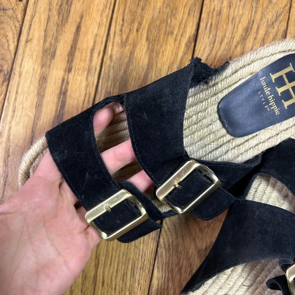 Haute Hippie Style Black Suede Espadrille Slide Sandals Gold Buckle Women 7.5M